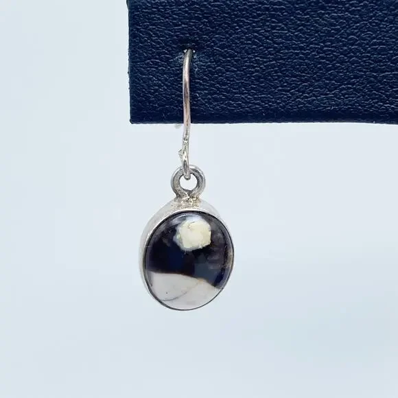 Sterling Silver Jasper Earrings Black White Dangle 1" - Picture 3 of 8